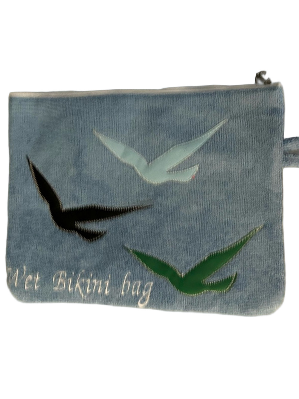 SALE Wet Bikini Bag Pouch in Light Blue with Bird Appliqués